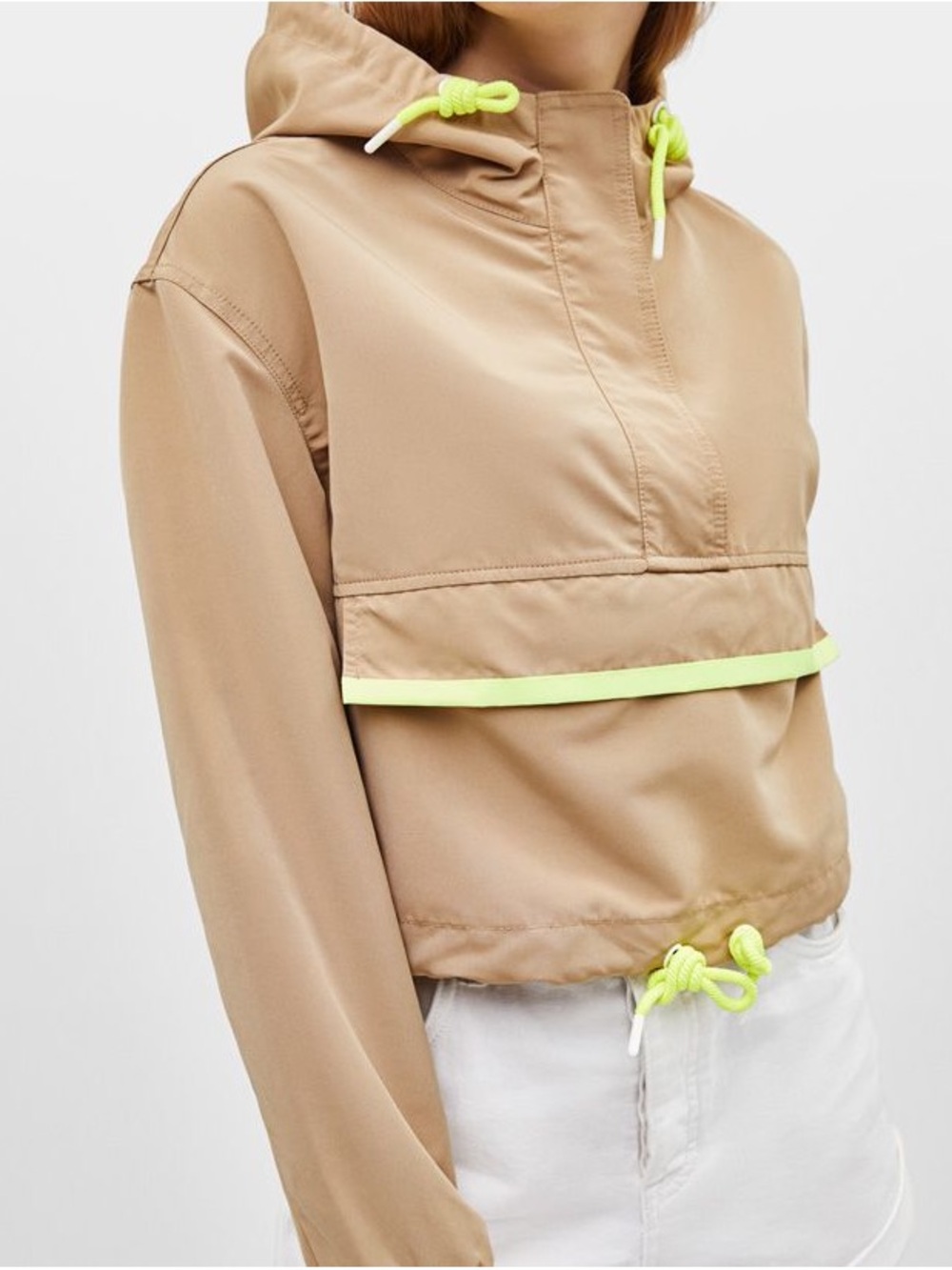 Bershka Y2K Cropped Anorak Windbreaker Beige Neon Lime Reflective Pouch Pocket